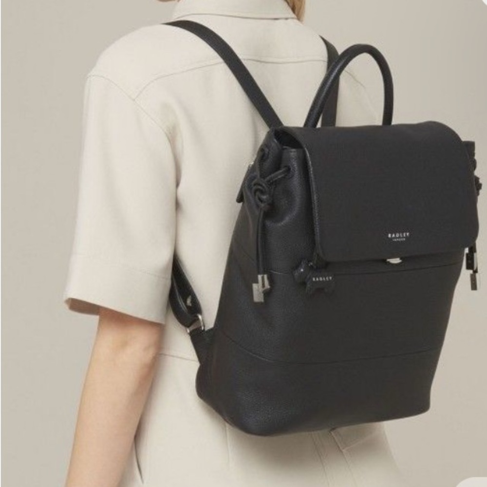 New Radley London Black Flap-over Leather Backpack